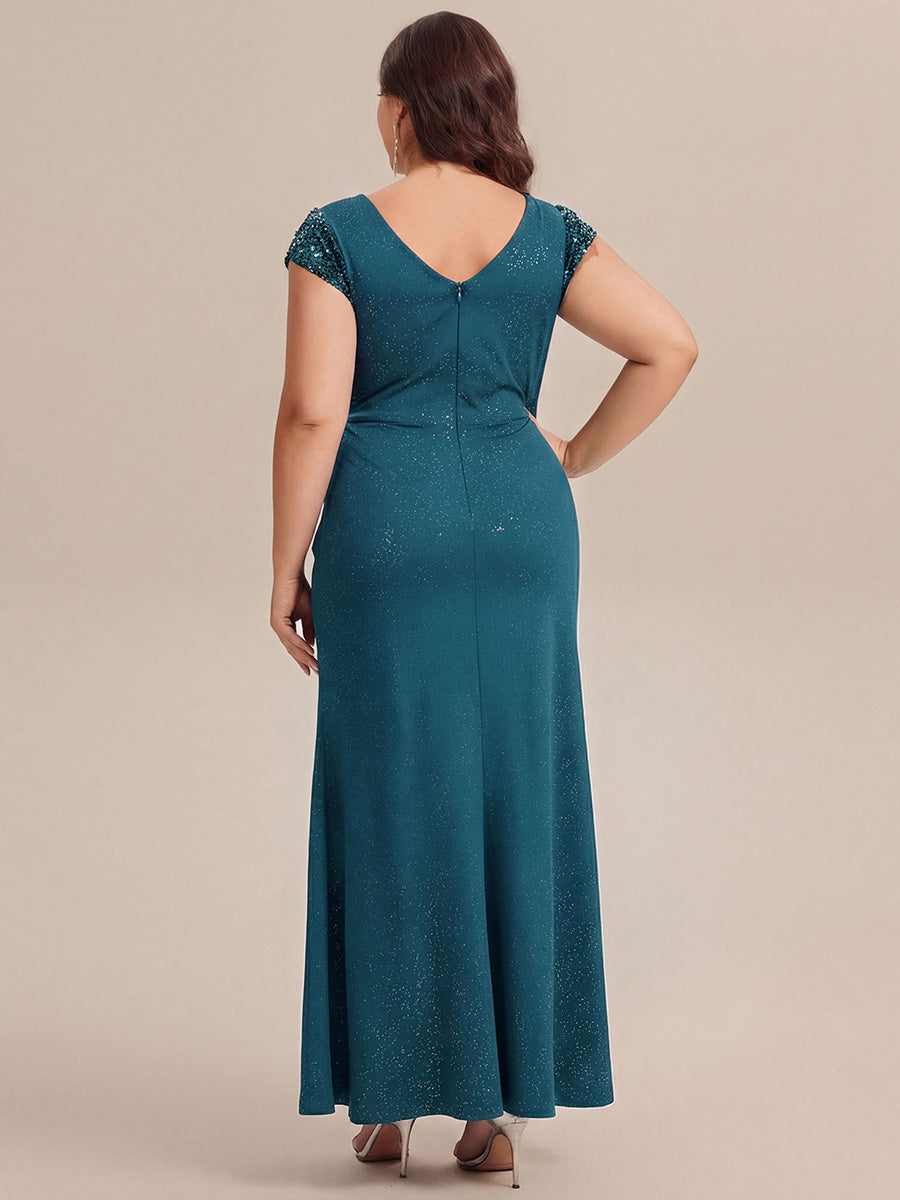 Bodenlanger V-Ausschnitt Bodycon Strickkleid Mit Geknotetem Pailletten Patchwork Glitzer Details Kleid #Farbe_Petrol