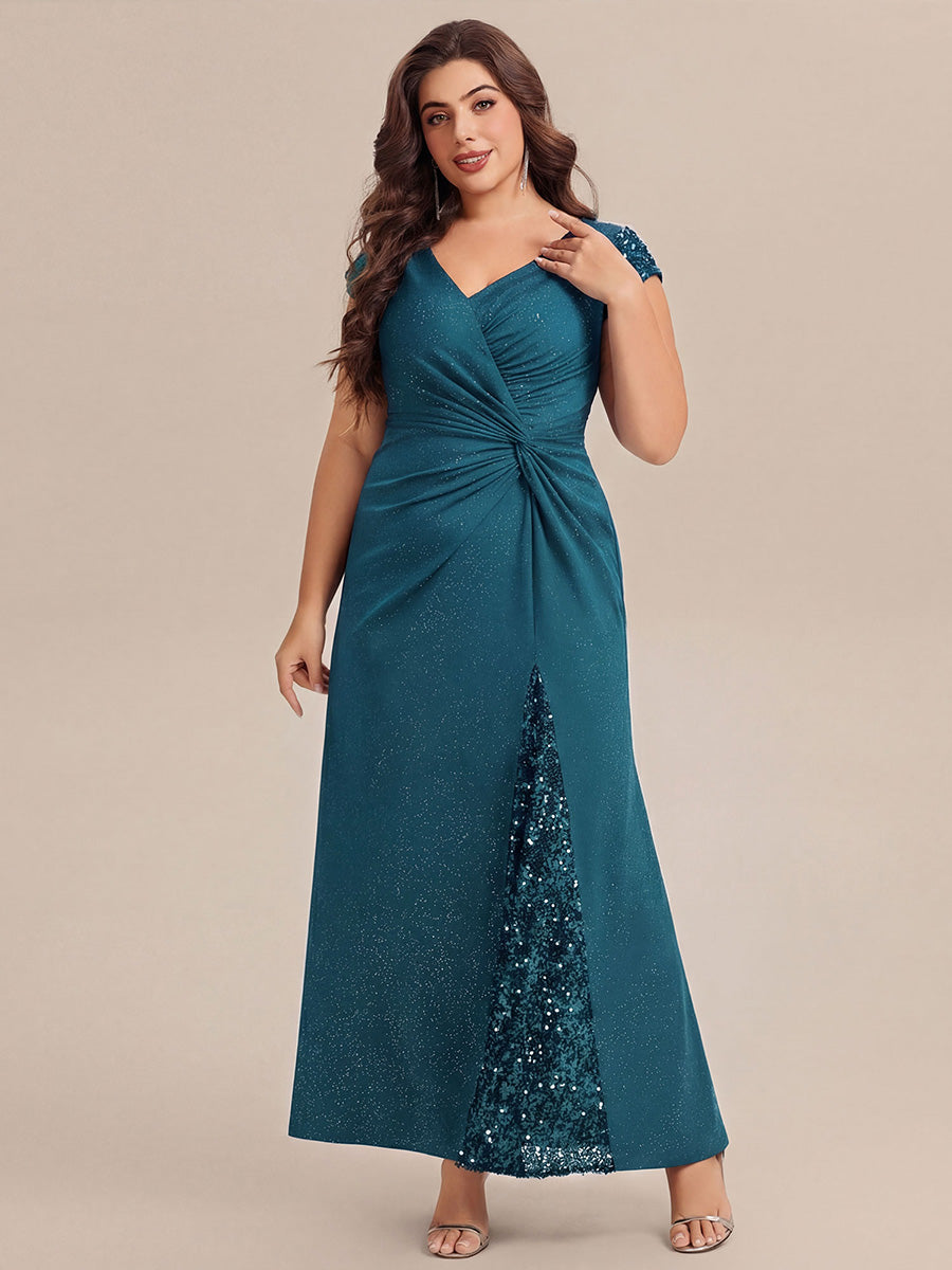 Bodenlanger V-Ausschnitt Bodycon Strickkleid Mit Geknotetem Pailletten Patchwork Glitzer Details Kleid #Farbe_Petrol