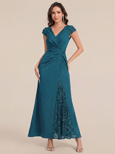 Bodenlanger V-Ausschnitt Bodycon Strickkleid Mit Geknotetem Pailletten Patchwork Glitzer Details Kleid #Farbe_Petrol