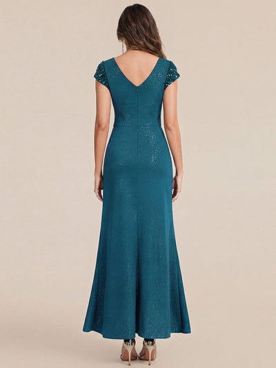 Bodenlanger V-Ausschnitt Bodycon Strickkleid Mit Geknotetem Pailletten Patchwork Glitzer Details Kleid #Farbe_Petrol