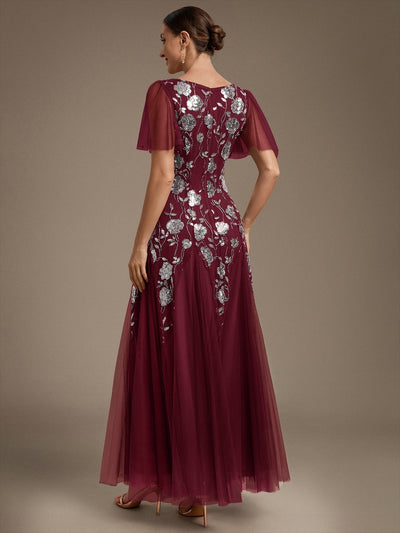 Bodenlanger V-Ausschnitt A-Linie Pailletten Kleid Mit Patchwork Und Funkelnden Details #Farbe_Burgunderrot