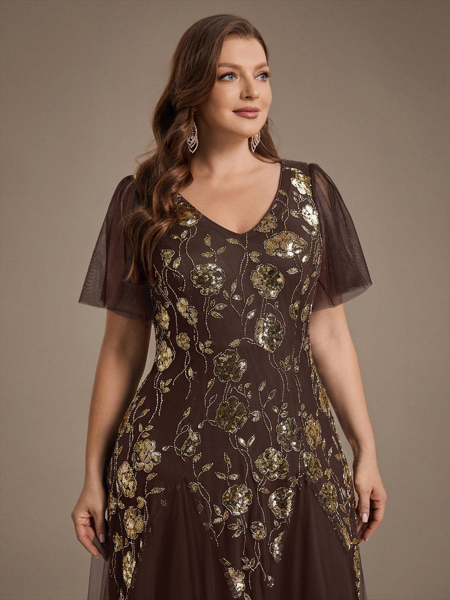 Bodenlanger V-Ausschnitt A-Linie Pailletten Kleid Mit Patchwork Und Funkelnden Details #Farbe_Schokoladenbraun