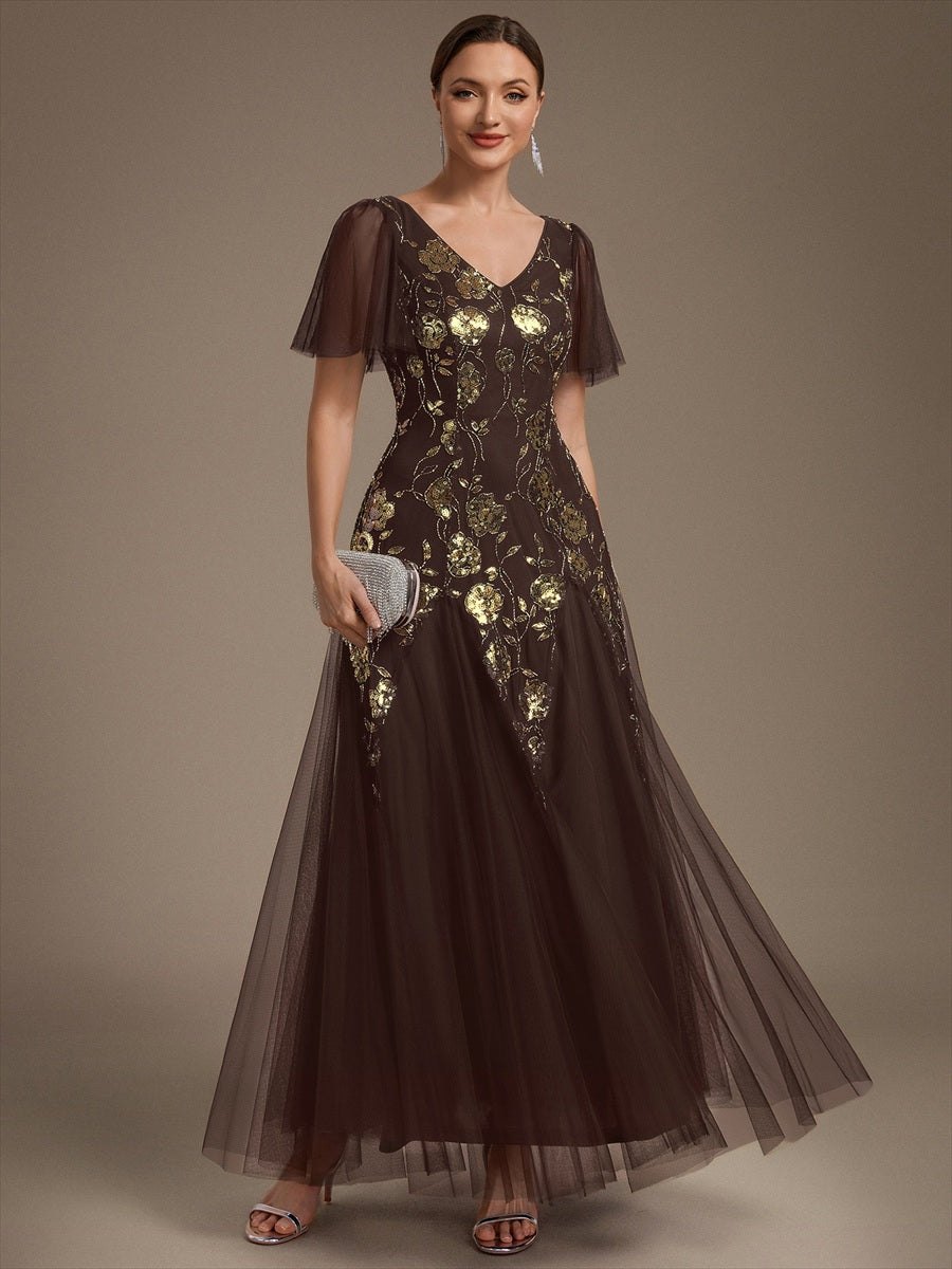 Bodenlanger V-Ausschnitt A-Linie Pailletten Kleid Mit Patchwork Und Funkelnden Details #Farbe_Schokoladenbraun