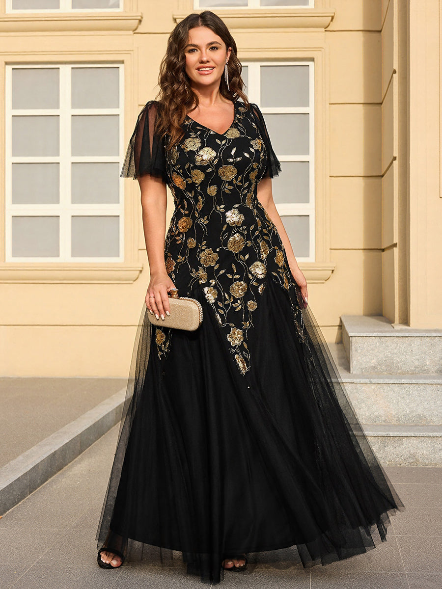 Bodenlanger V-Ausschnitt A-Linie Pailletten Kleid Mit Patchwork Und Funkelnden Details #Farbe_Schwarz & Gold