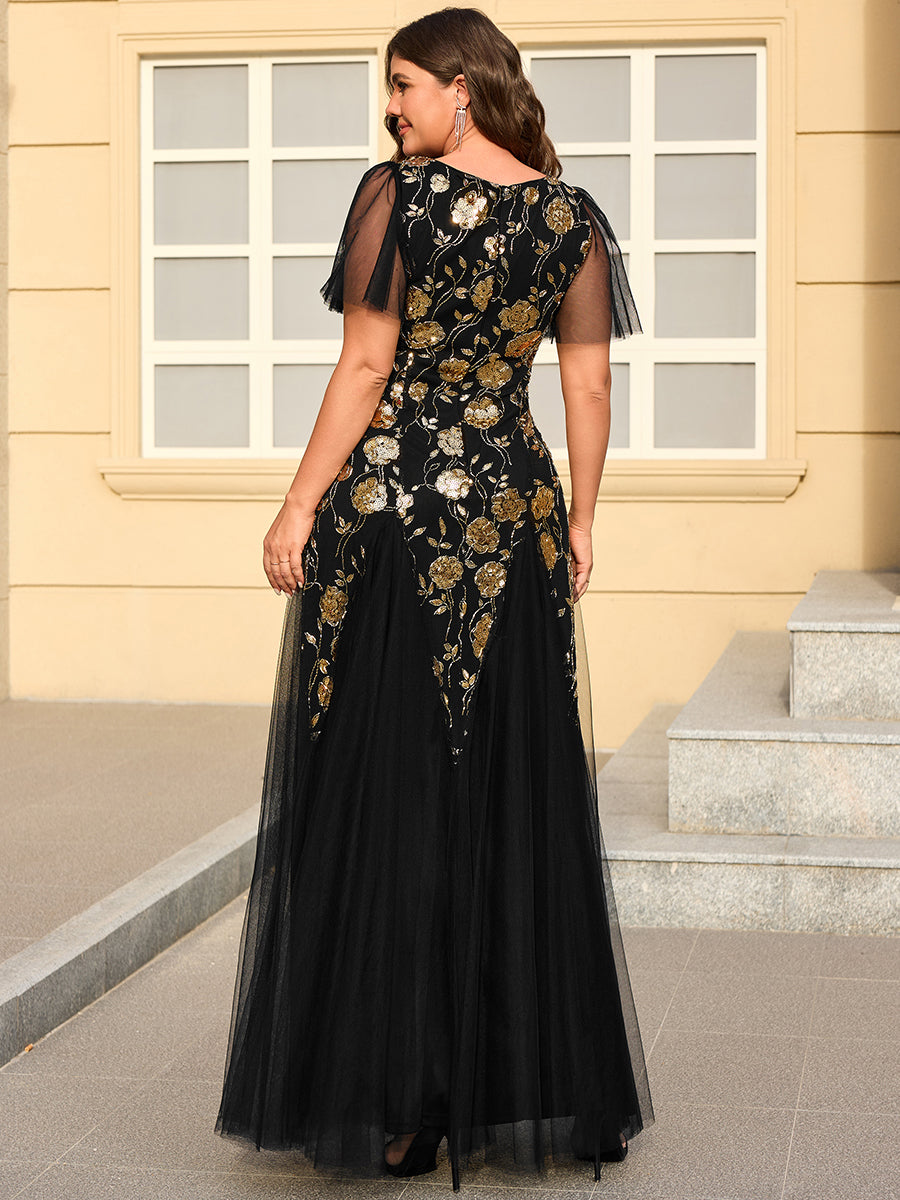 Bodenlanger V-Ausschnitt A-Linie Pailletten Kleid Mit Patchwork Und Funkelnden Details #Farbe_Schwarz & Gold