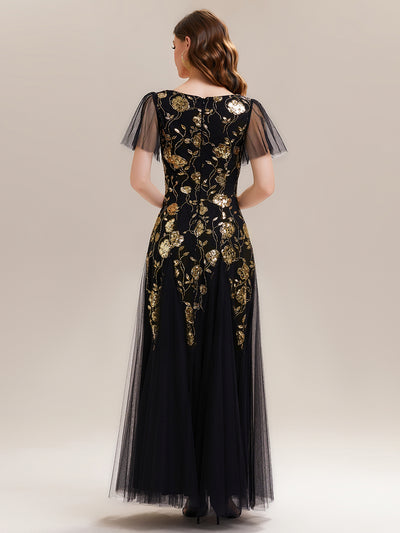 Bodenlanger V-Ausschnitt A-Linie Pailletten Kleid Mit Patchwork Und Funkelnden Details #Farbe_Schwarz & Gold