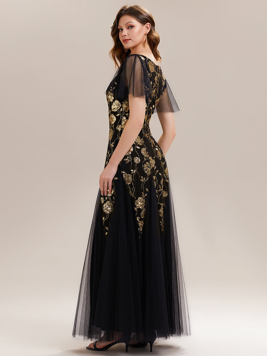 Bodenlanger V-Ausschnitt A-Linie Pailletten Kleid Mit Patchwork Und Funkelnden Details #Farbe_Schwarz & Gold