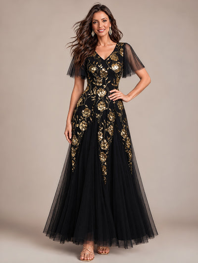 Bodenlanger V-Ausschnitt A-Linie Pailletten Kleid Mit Patchwork Und Funkelnden Details #Farbe_Schwarz & Gold