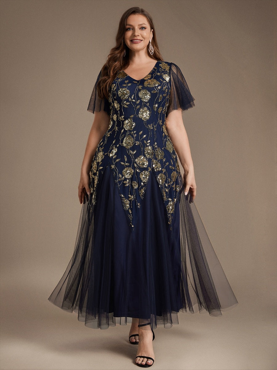 Bodenlanger V-Ausschnitt A-Linie Pailletten Kleid Mit Patchwork Und Funkelnden Details #Farbe_Marineblau