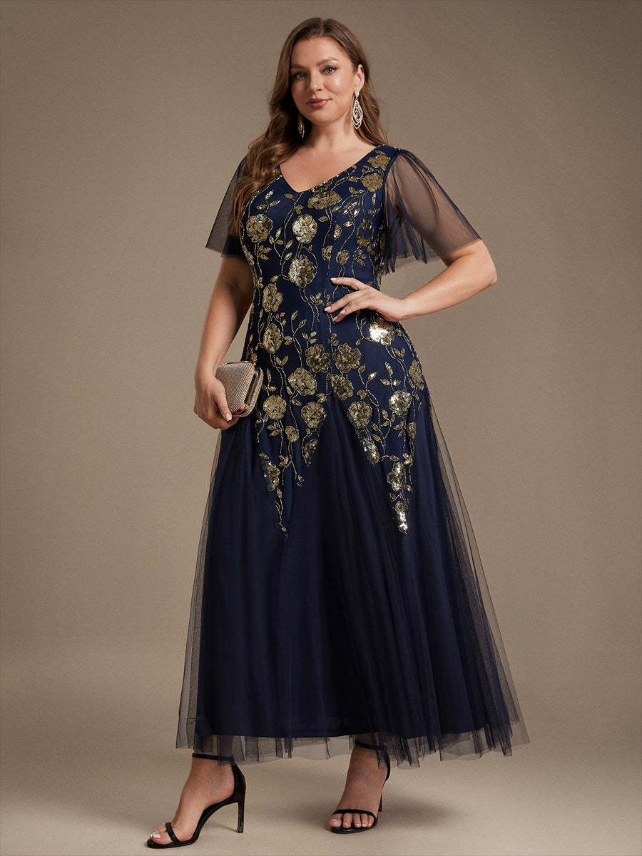 Bodenlanger V-Ausschnitt A-Linie Pailletten Kleid Mit Patchwork Und Funkelnden Details #Farbe_Marineblau