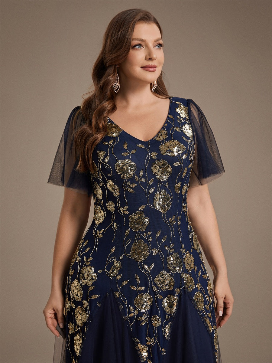 Bodenlanger V-Ausschnitt A-Linie Pailletten Kleid Mit Patchwork Und Funkelnden Details #Farbe_Marineblau