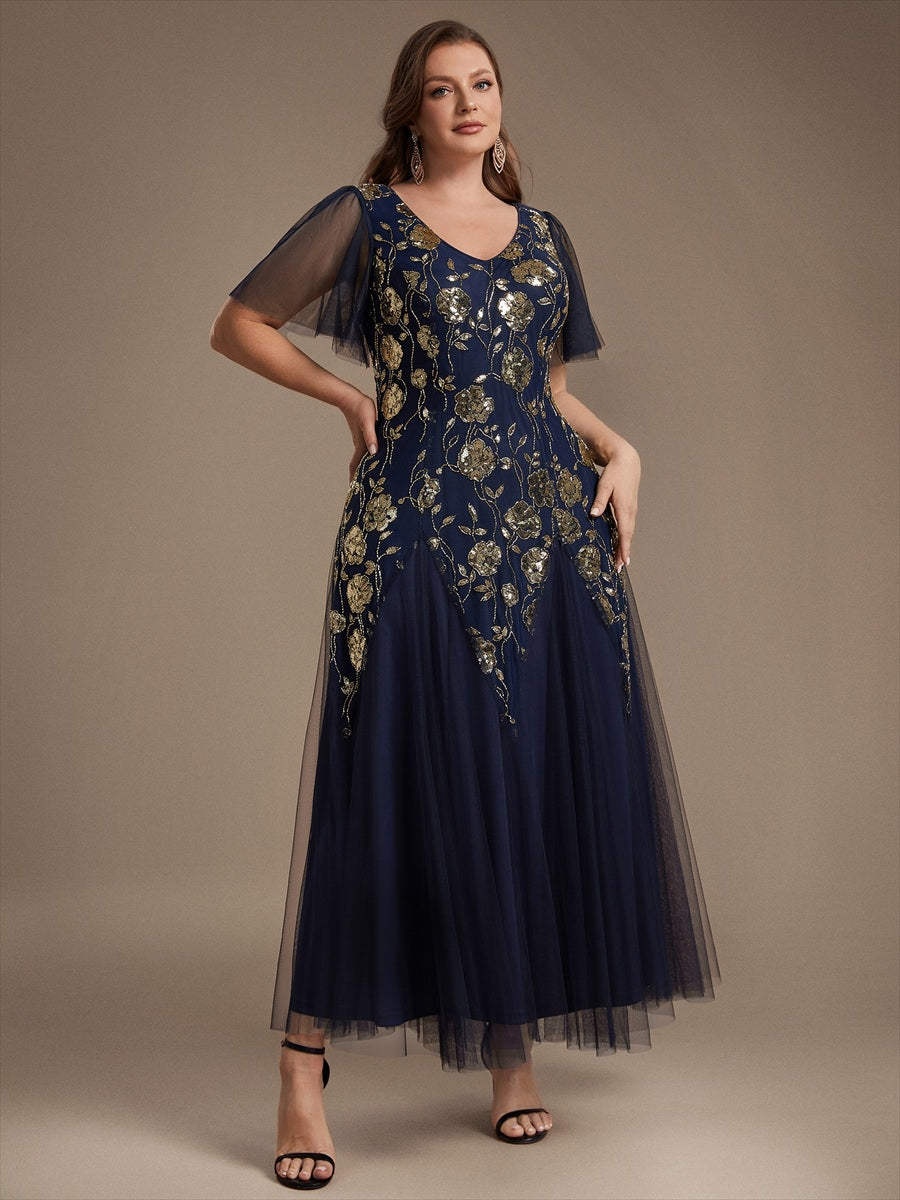 Bodenlanger V-Ausschnitt A-Linie Pailletten Kleid Mit Patchwork Und Funkelnden Details #Farbe_Marineblau