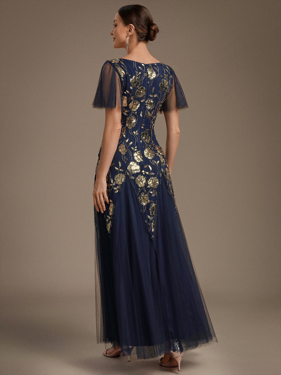 Bodenlanger V-Ausschnitt A-Linie Pailletten Kleid Mit Patchwork Und Funkelnden Details #Farbe_Marineblau