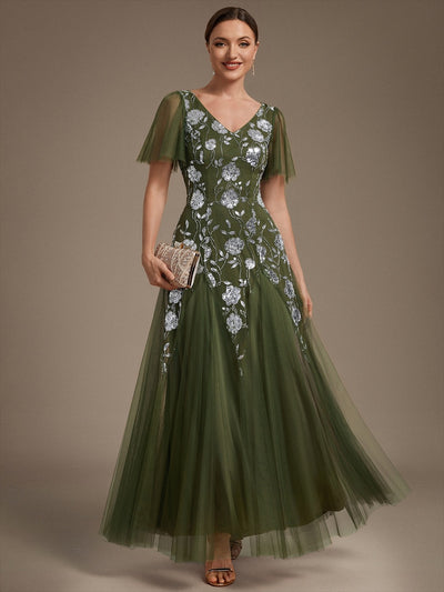 Bodenlanger V-Ausschnitt A-Linie Pailletten Kleid Mit Patchwork Und Funkelnden Details #Farbe_Olivgrün