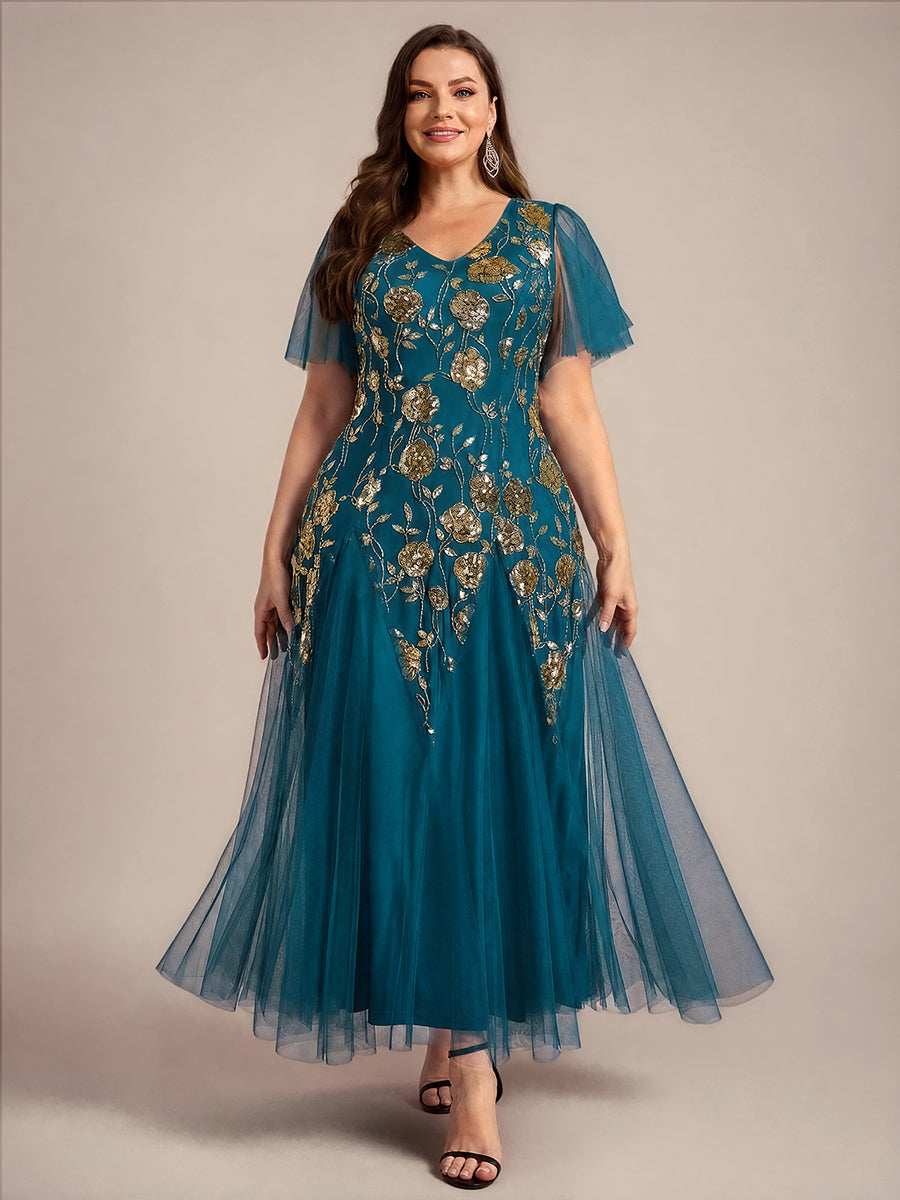 Bodenlanger V-Ausschnitt A-Linie Pailletten Kleid Mit Patchwork Und Funkelnden Details #Farbe_Petrol