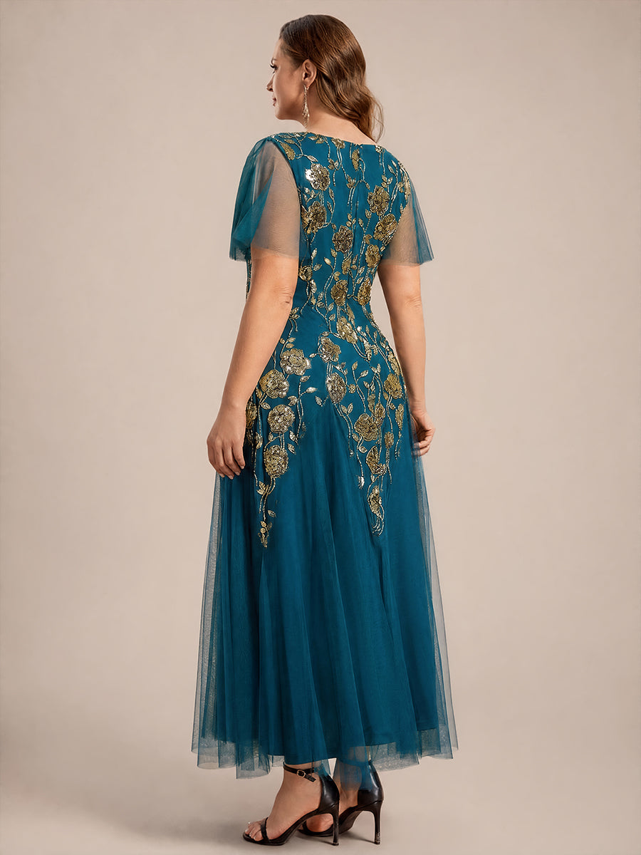 Bodenlanger V-Ausschnitt A-Linie Pailletten Kleid Mit Patchwork Und Funkelnden Details #Farbe_Petrol