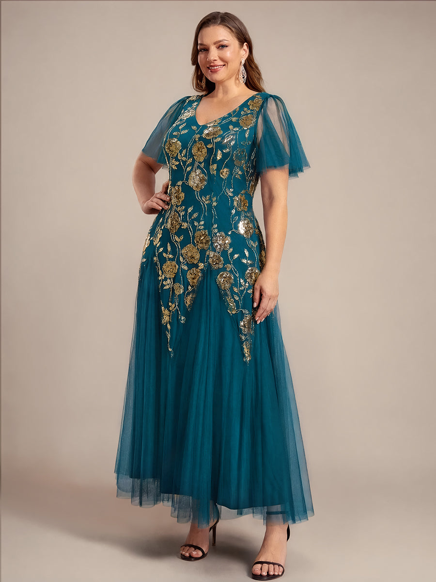 Bodenlanger V-Ausschnitt A-Linie Pailletten Kleid Mit Patchwork Und Funkelnden Details #Farbe_Petrol