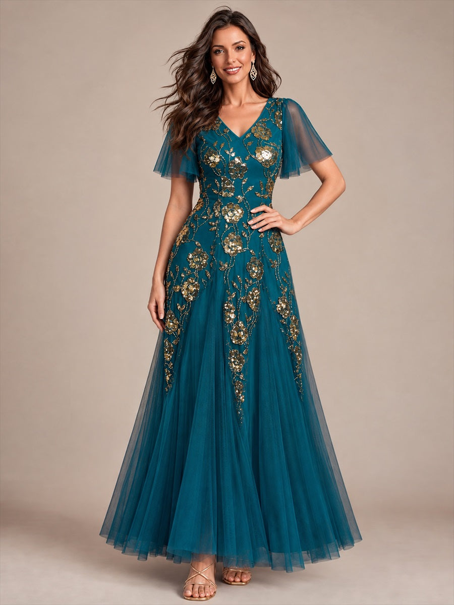 Bodenlanger V-Ausschnitt A-Linie Pailletten Kleid Mit Patchwork Und Funkelnden Details #Farbe_Petrol