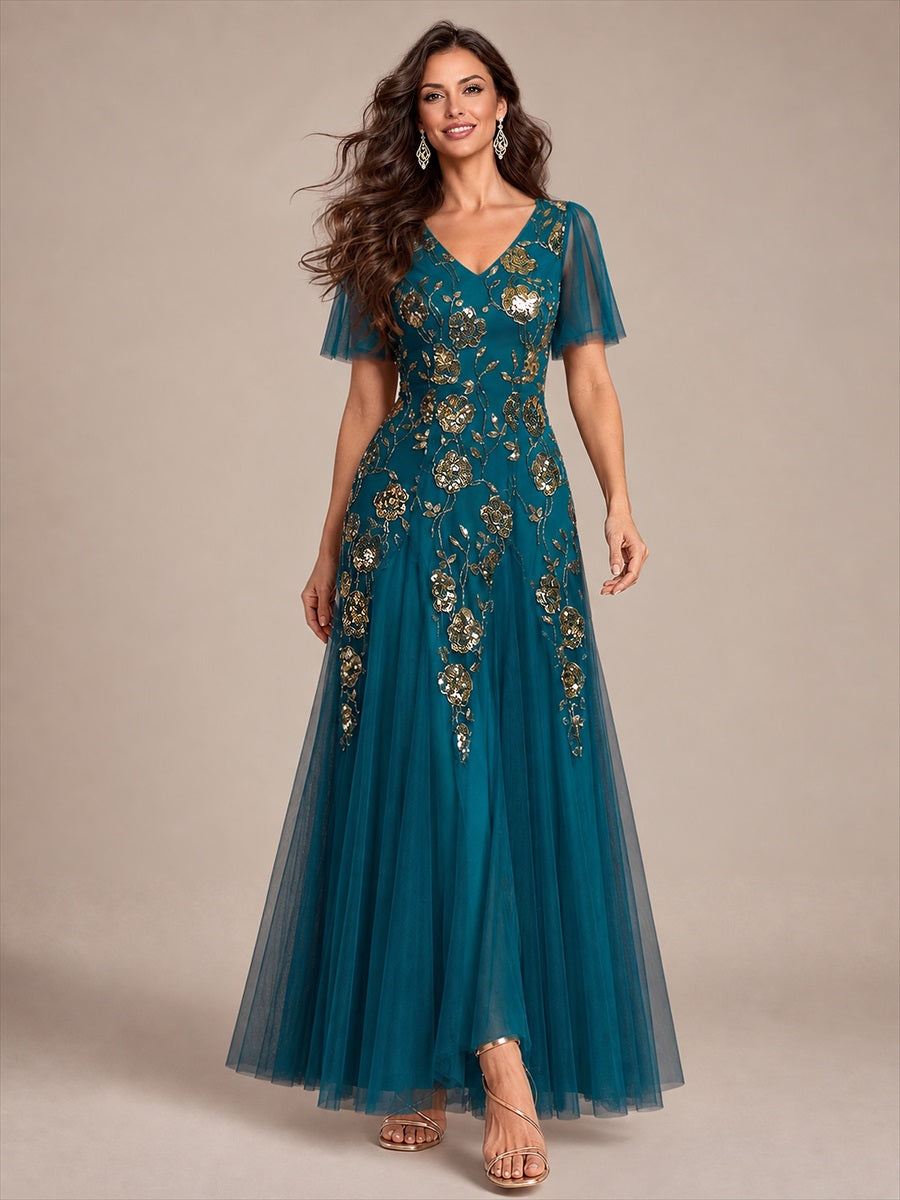 Bodenlanger V-Ausschnitt A-Linie Pailletten Kleid Mit Patchwork Und Funkelnden Details #Farbe_Petrol