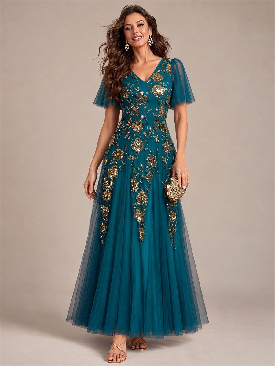 Bodenlanger V-Ausschnitt A-Linie Pailletten Kleid Mit Patchwork Und Funkelnden Details #Farbe_Petrol