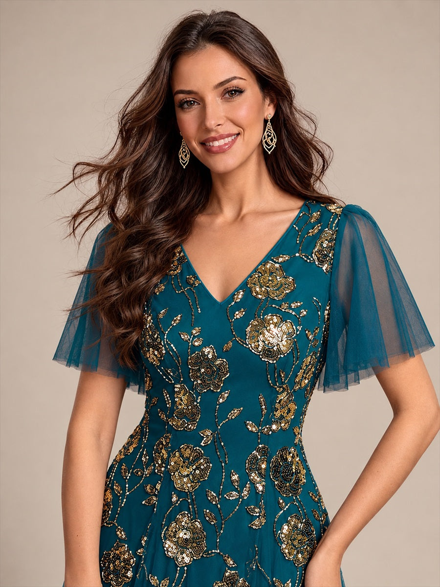 Bodenlanger V-Ausschnitt A-Linie Pailletten Kleid Mit Patchwork Und Funkelnden Details #Farbe_Petrol