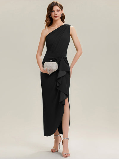 Asymmetrisches Hoch-Tief Bodycon Kleid Aus Strick Mit Oberschenkel Hohem Schlitz Und Rüschendetails #Farbe_Schwarz