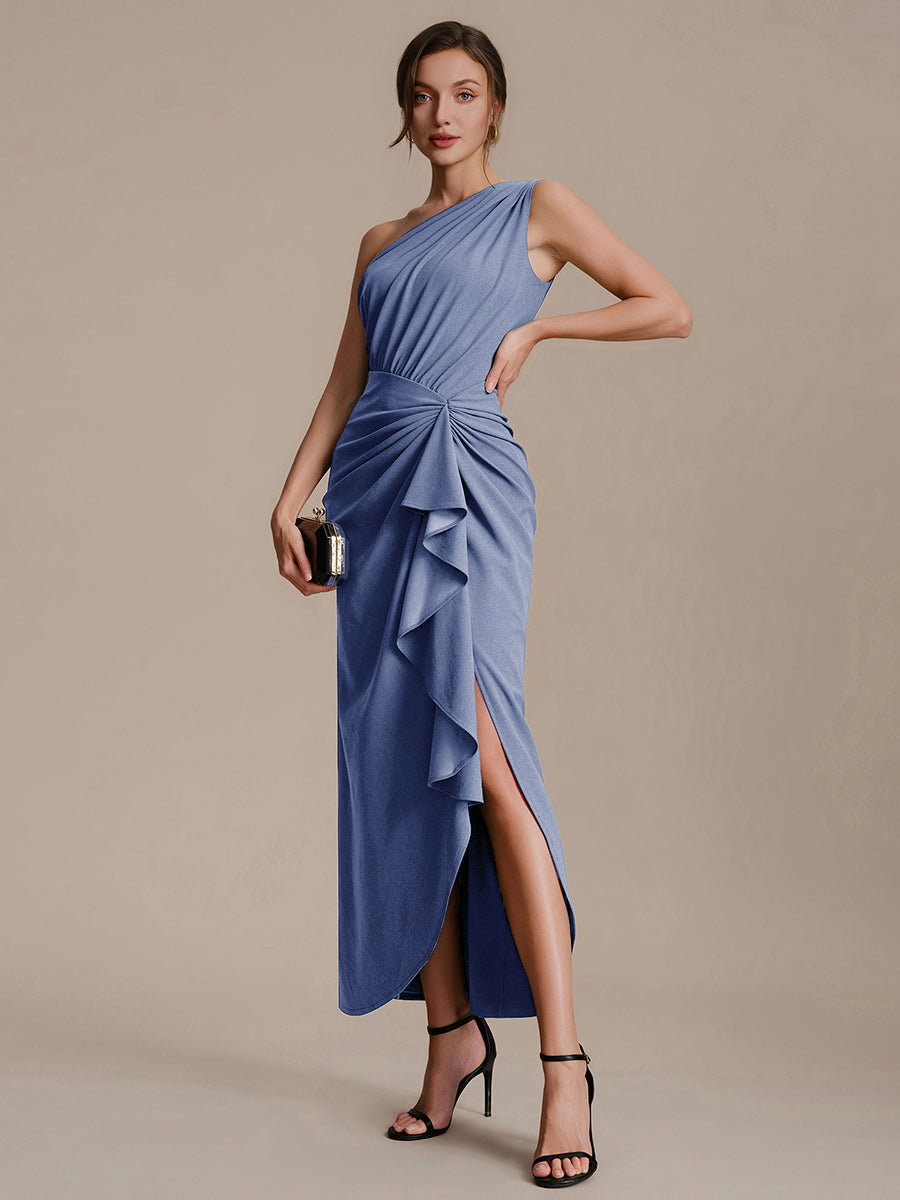 Asymmetrisches Hoch-Tief Bodycon Kleid Aus Strick Mit Oberschenkel Hohem Schlitz Und Rüschendetails #Farbe_Taubenblau