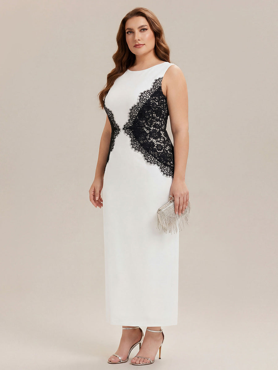 Plus Size Kn?chellang Sheath Kleid Rundhalsausschnitt Strick Cut-Out Details Moderner Look #Farbe_Elfenbein Schwarz
