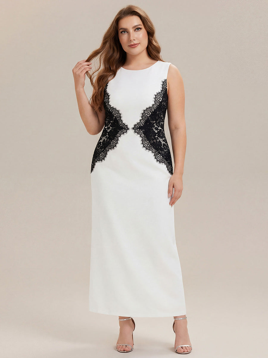 Plus Size Kn?chellang Sheath Kleid Rundhalsausschnitt Strick Cut-Out Details Moderner Look #Farbe_Elfenbein Schwarz