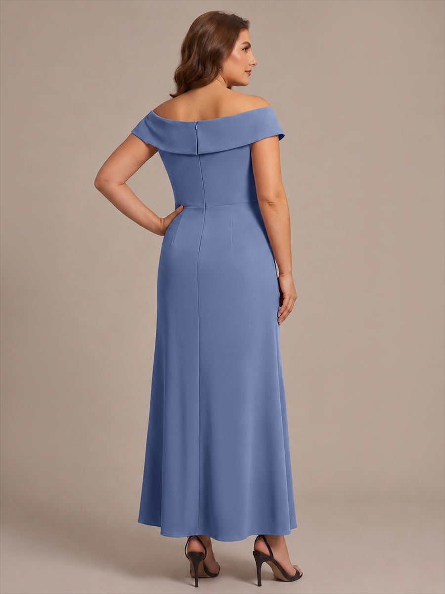 Asymmetrischer Saum V-Ausschnitt Meerjungfrau Kleid Aus Krepp Schlitz Volants #Farbe_Taubenblau