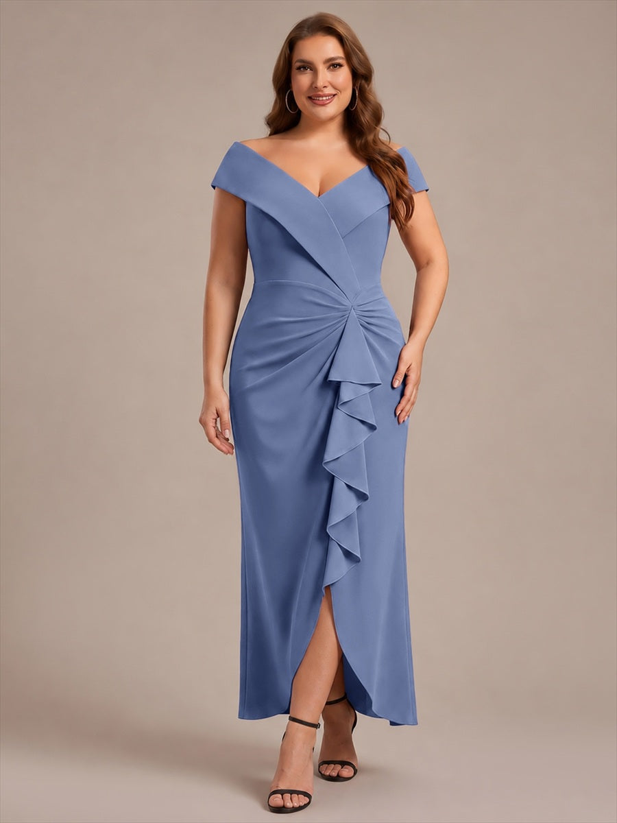 Asymmetrischer Saum V-Ausschnitt Meerjungfrau Kleid Aus Krepp Schlitz Volants #Farbe_Taubenblau