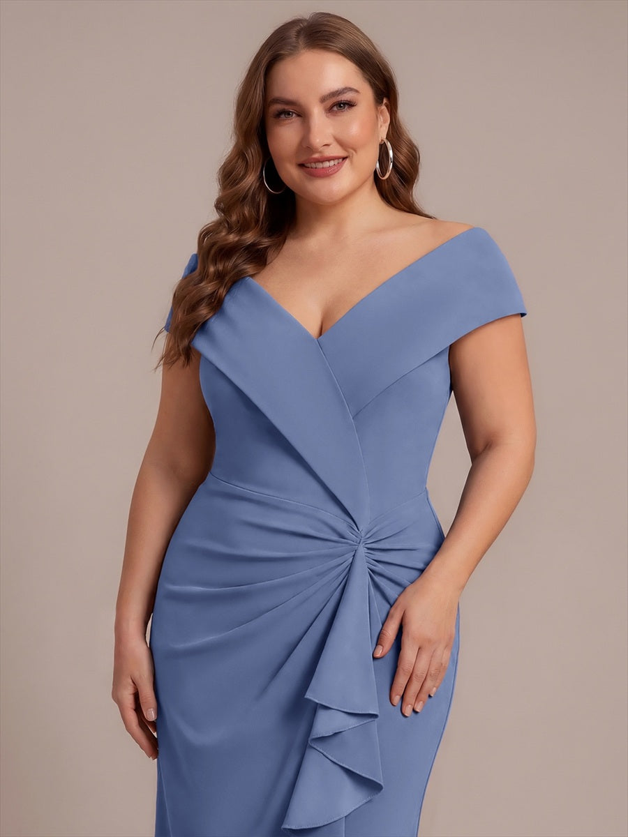 Asymmetrischer Saum V-Ausschnitt Meerjungfrau Kleid Aus Krepp Schlitz Volants #Farbe_Taubenblau
