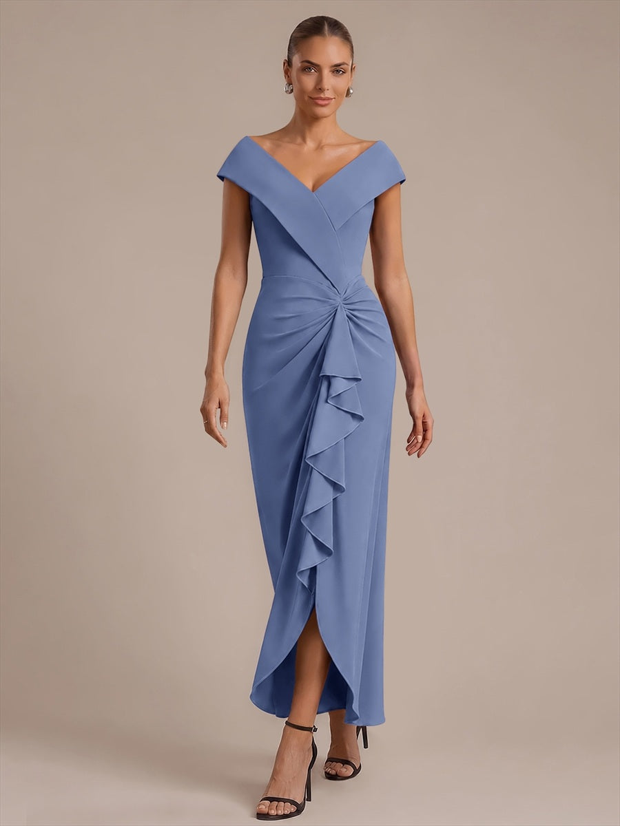 Asymmetrischer Saum V-Ausschnitt Meerjungfrau Kleid Aus Krepp Schlitz Volants #Farbe_Taubenblau