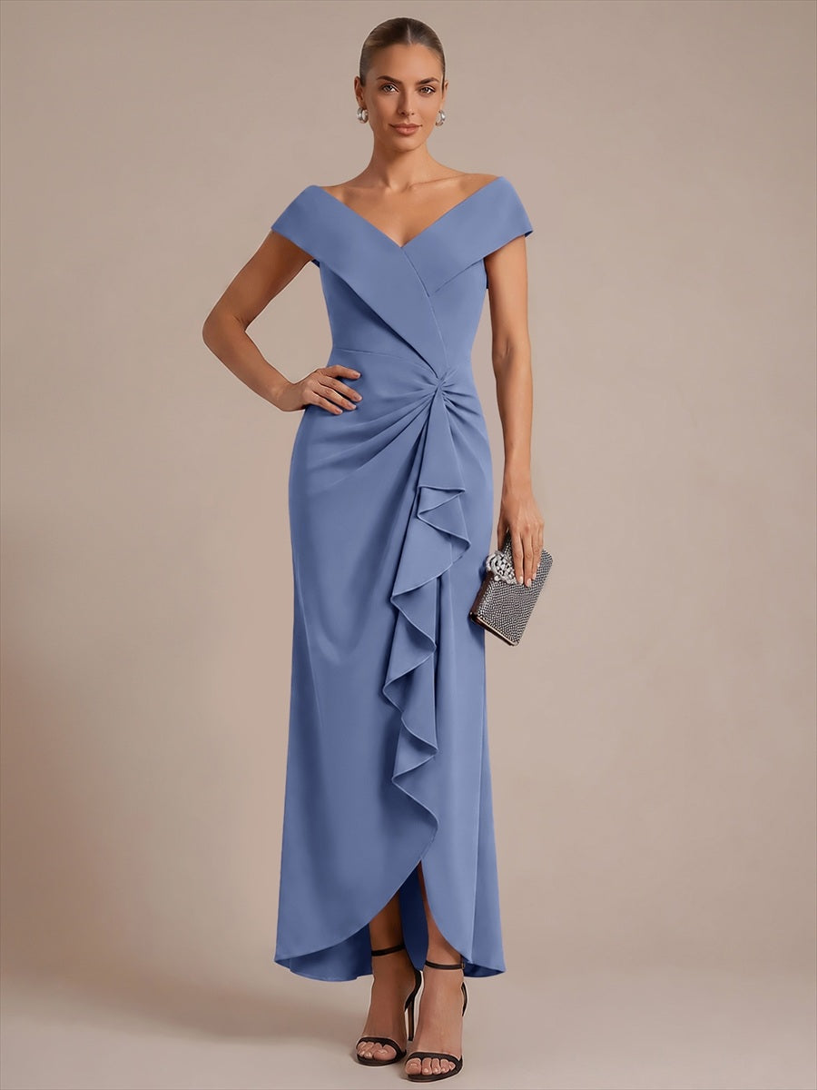 Asymmetrischer Saum V-Ausschnitt Meerjungfrau Kleid Aus Krepp Schlitz Volants #Farbe_Taubenblau