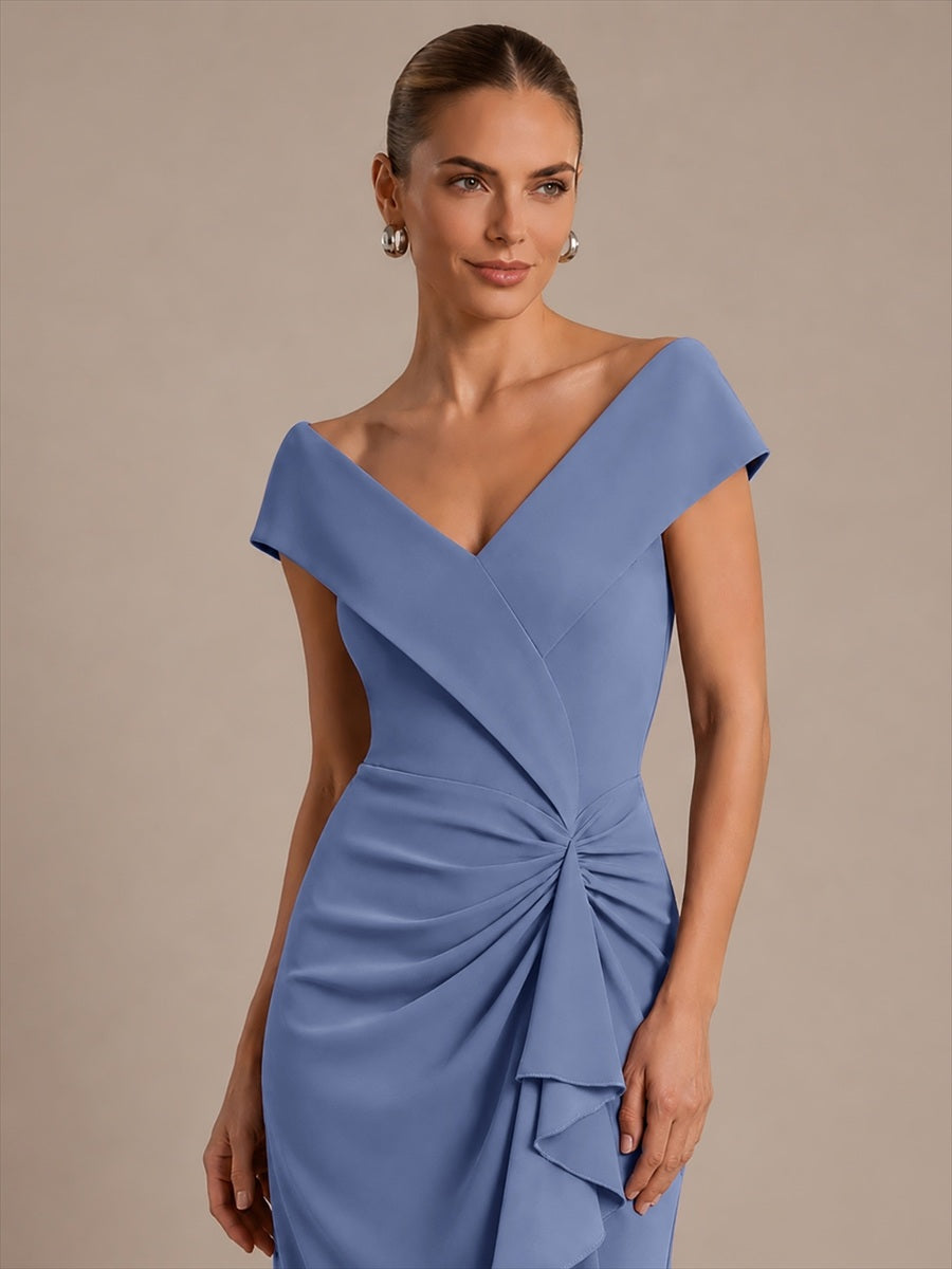 Asymmetrischer Saum V-Ausschnitt Meerjungfrau Kleid Aus Krepp Schlitz Volants #Farbe_Taubenblau
