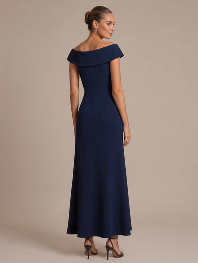 Asymmetrischer Saum V-Ausschnitt Meerjungfrau Kleid Aus Krepp Schlitz Volants #Farbe_Marineblau