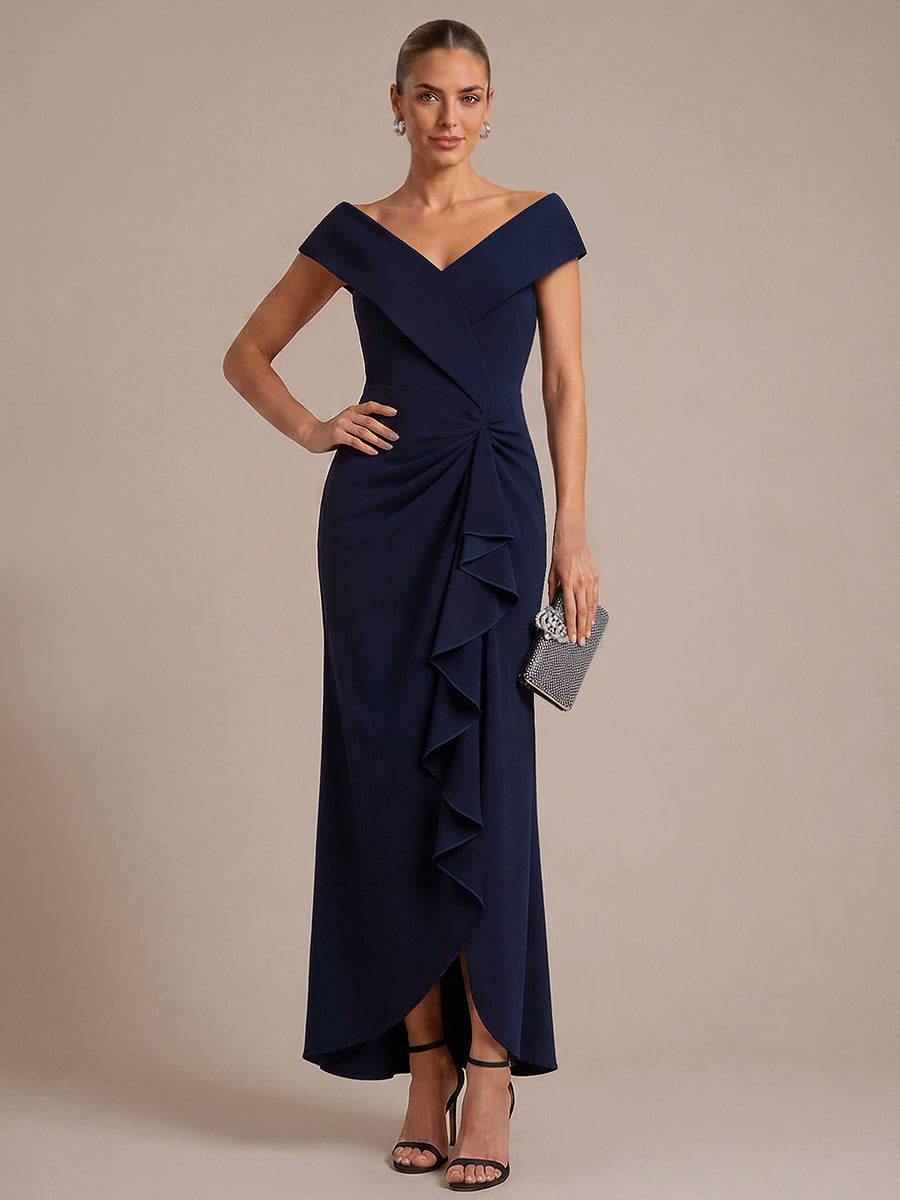 Asymmetrischer Saum V-Ausschnitt Meerjungfrau Kleid Aus Krepp Schlitz Volants #Farbe_Marineblau