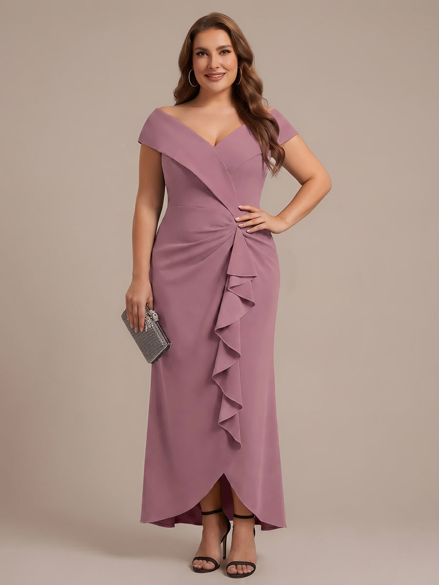 Asymmetrischer Saum V-Ausschnitt Meerjungfrau Kleid Aus Krepp Schlitz Volants #Farbe_Orchideenviolett