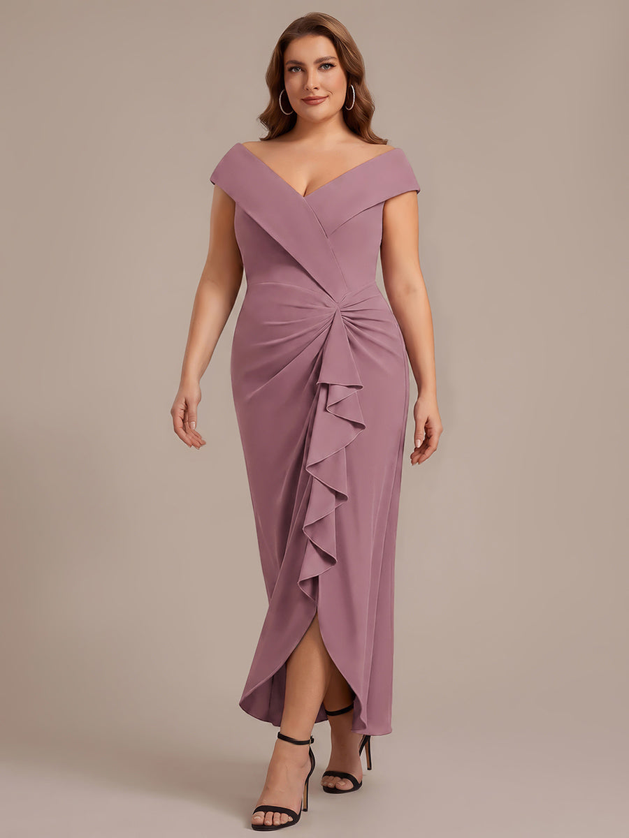 Asymmetrischer Saum V-Ausschnitt Meerjungfrau Kleid Aus Krepp Schlitz Volants #Farbe_Orchideenviolett