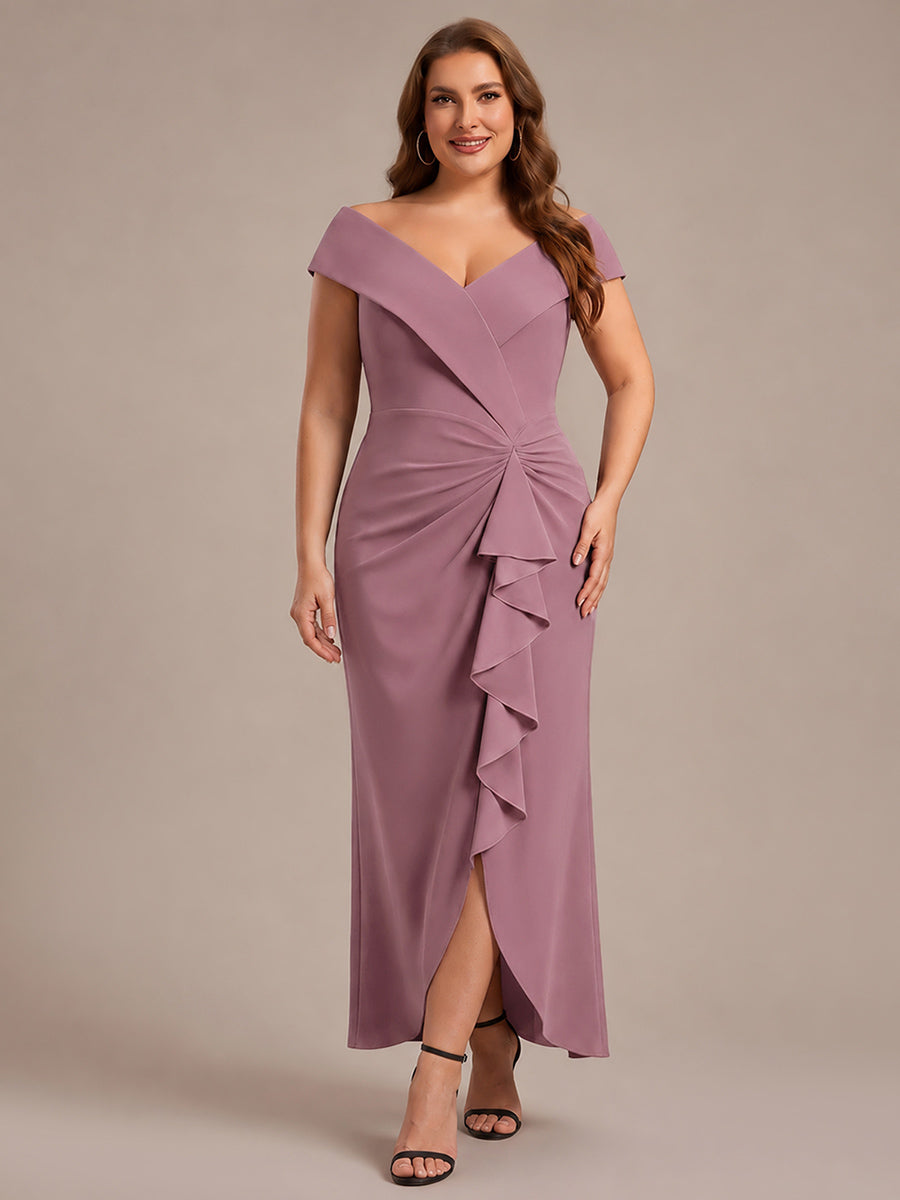 Asymmetrischer Saum V-Ausschnitt Meerjungfrau Kleid Aus Krepp Schlitz Volants #Farbe_Orchideenviolett