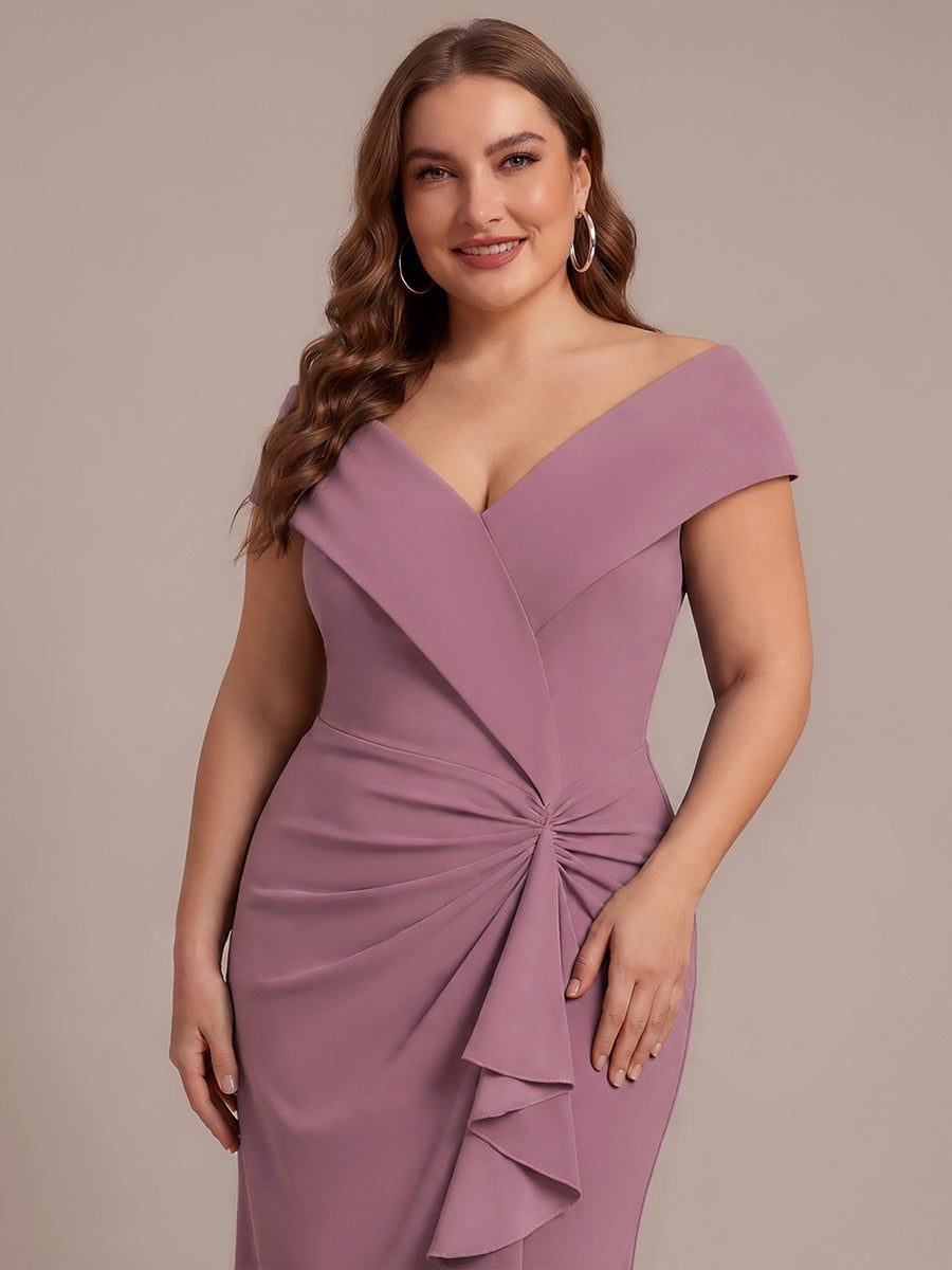 Asymmetrischer Saum V-Ausschnitt Meerjungfrau Kleid Aus Krepp Schlitz Volants #Farbe_Orchideenviolett