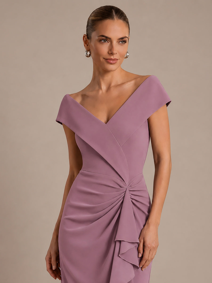 Asymmetrischer Saum V-Ausschnitt Meerjungfrau Kleid Aus Krepp Schlitz Volants #Farbe_Orchideenviolett