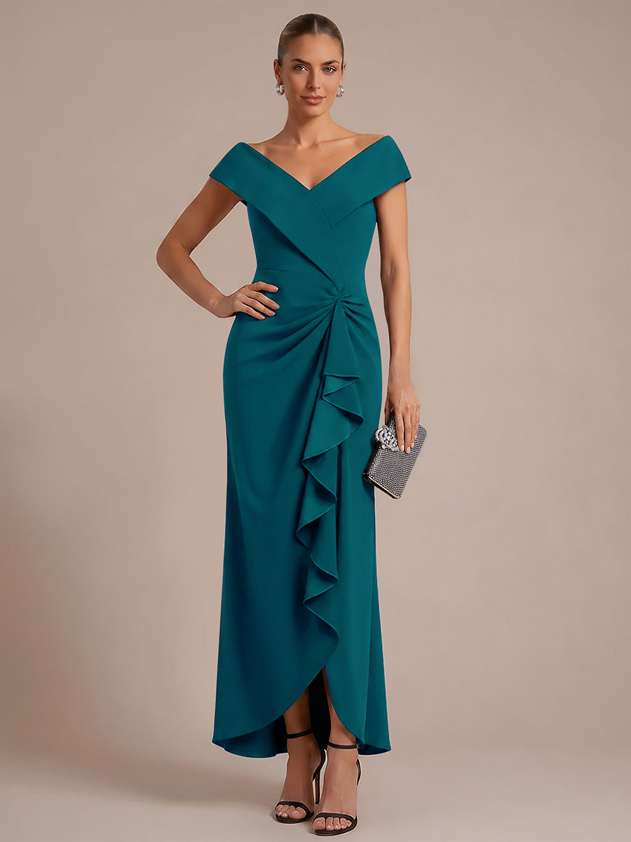 Asymmetrischer Saum V-Ausschnitt Meerjungfrau Kleid Aus Krepp Schlitz Volants #Farbe_Petrol