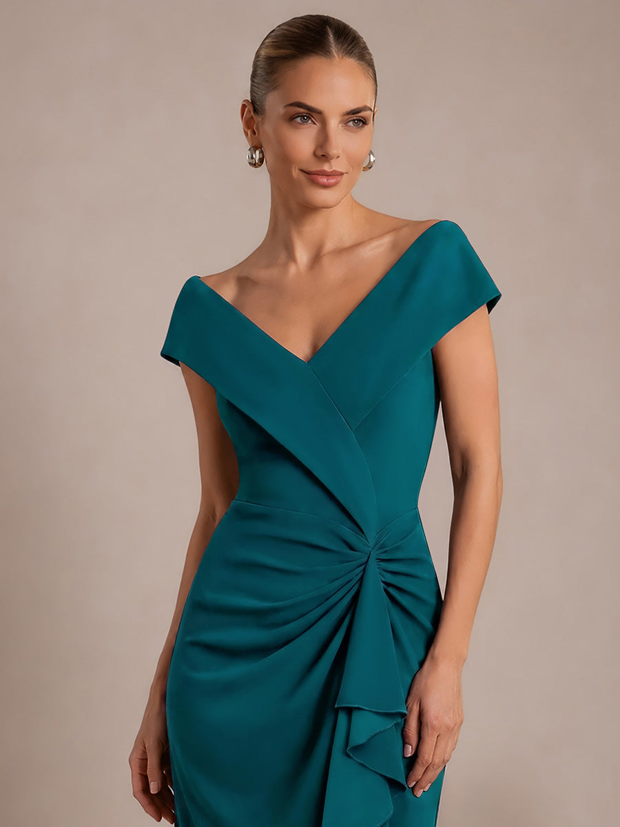 Asymmetrischer Saum V-Ausschnitt Meerjungfrau Kleid Aus Krepp Schlitz Volants #Farbe_Petrol
