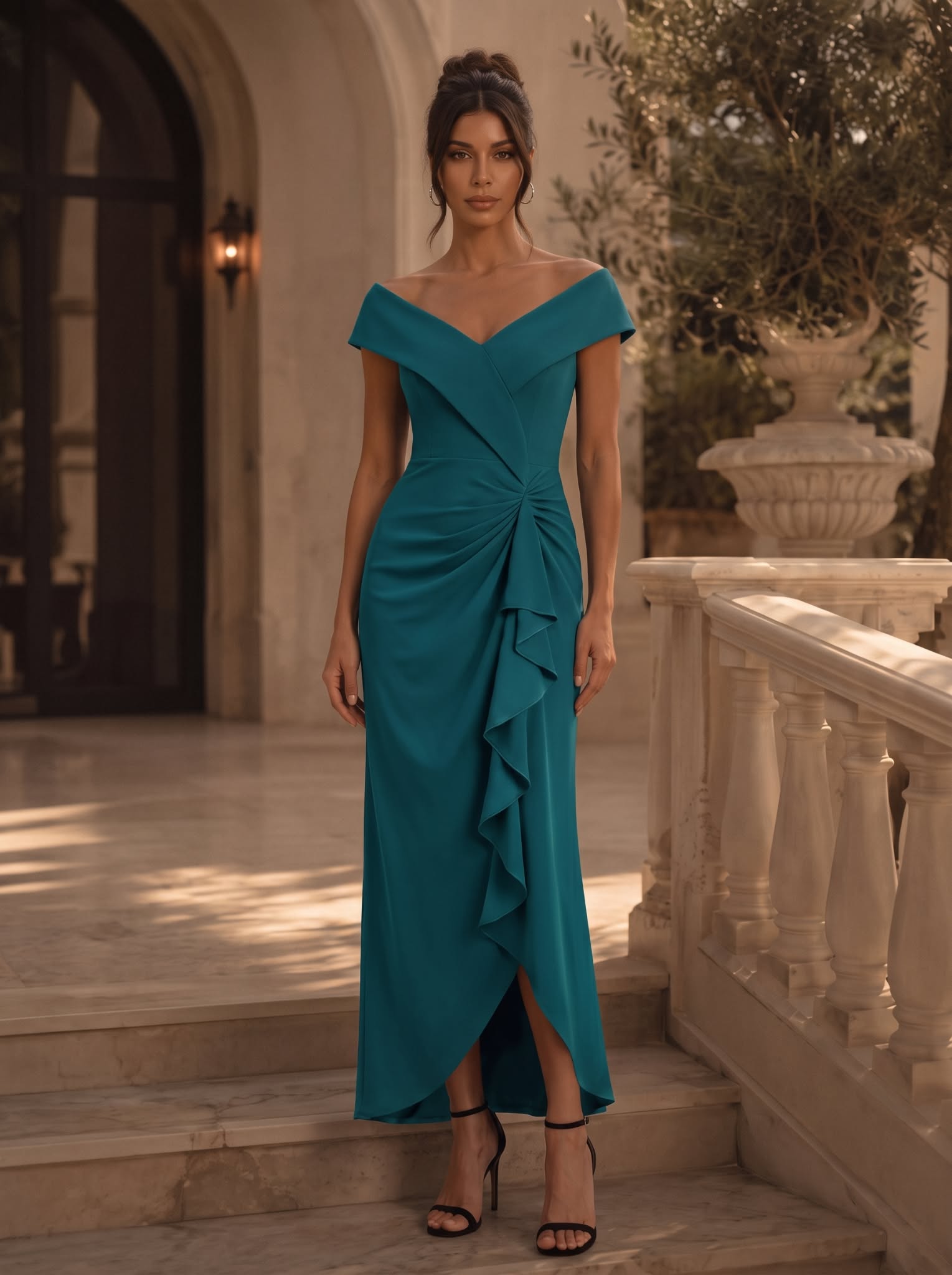 Asymmetrischer Saum V-Ausschnitt Meerjungfrau Kleid Aus Krepp Schlitz Volants #Farbe_Petrol