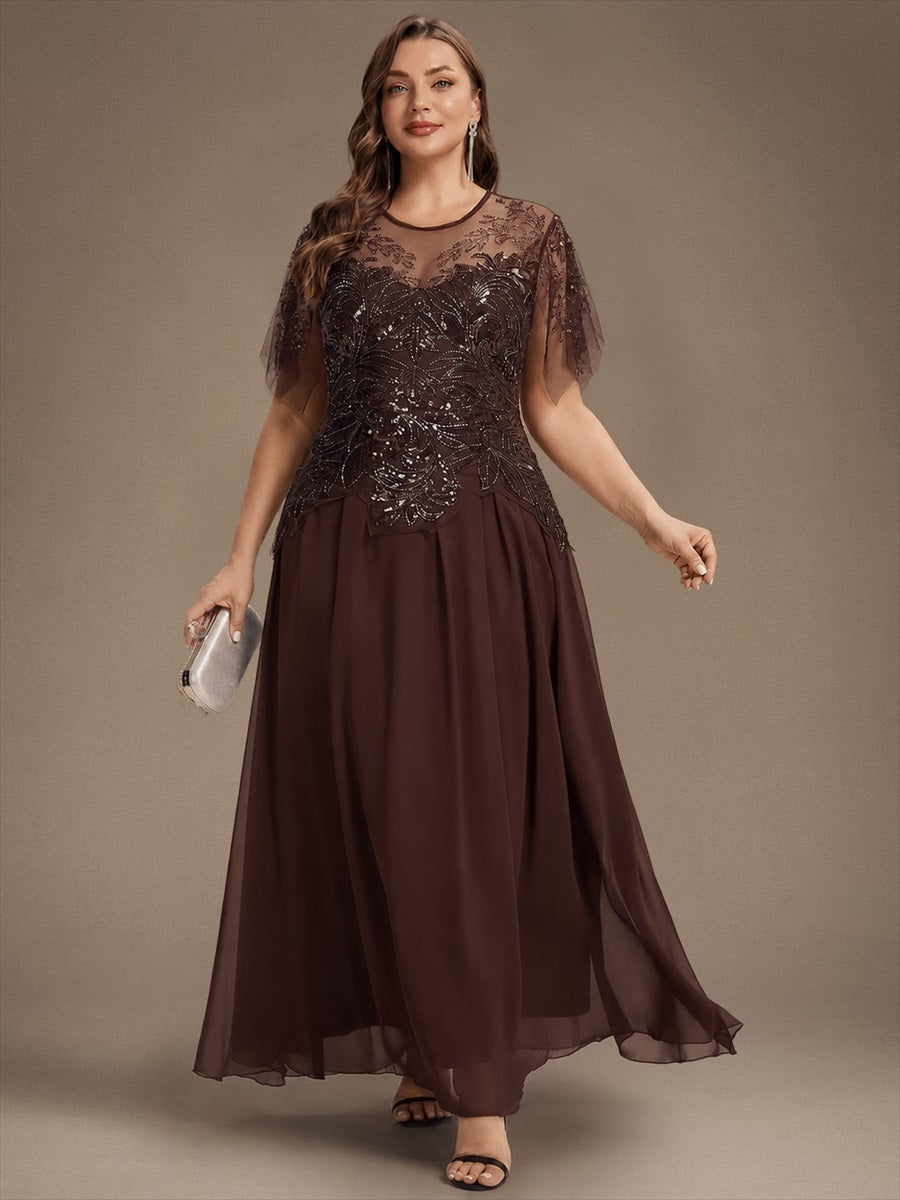 Maxikleid Mit Rundhalsausschnitt A-Linien Schnitt Tüllstoff Patchwork Und Pailletten Details Transparente Gestaltung #Farbe_Braun