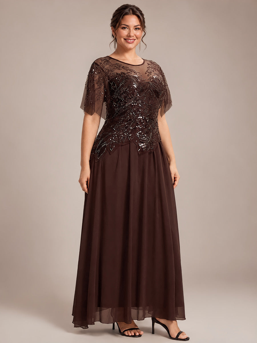 Maxikleid Mit Rundhalsausschnitt A-Linien Schnitt Tüllstoff Patchwork Und Pailletten Details Transparente Gestaltung #Farbe_Braun