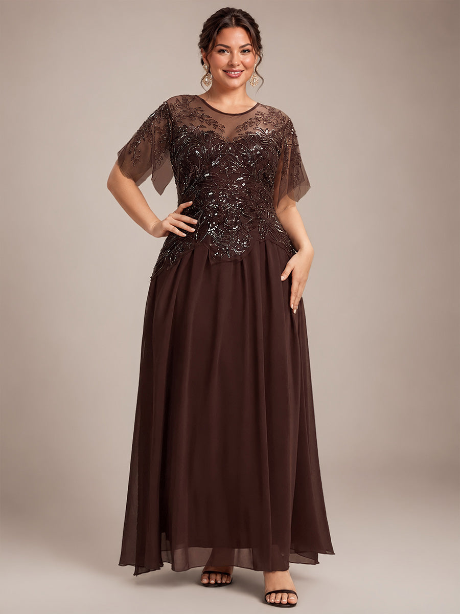 Maxikleid Mit Rundhalsausschnitt A-Linien Schnitt Tüllstoff Patchwork Und Pailletten Details Transparente Gestaltung #Farbe_Braun