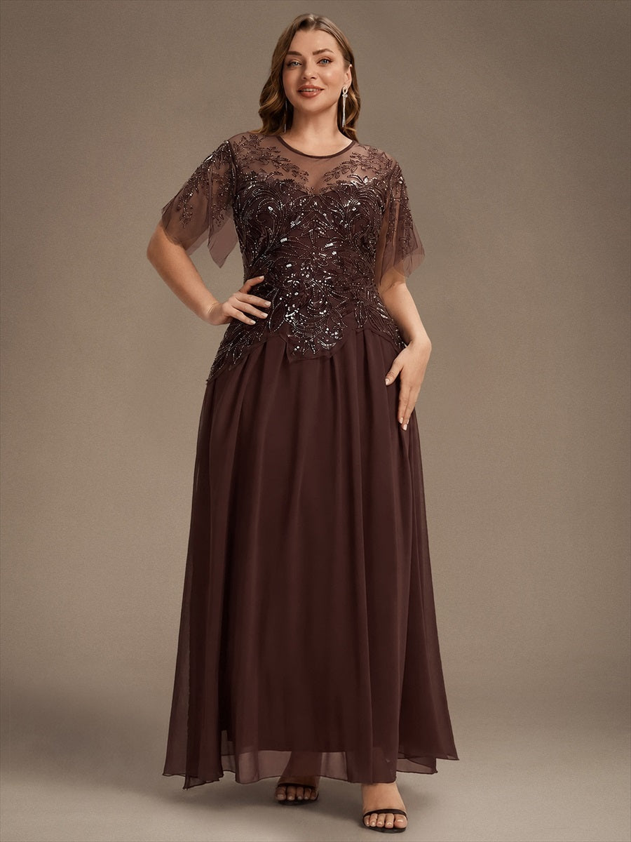 Maxikleid Mit Rundhalsausschnitt A-Linien Schnitt Tüllstoff Patchwork Und Pailletten Details Transparente Gestaltung #Farbe_Braun