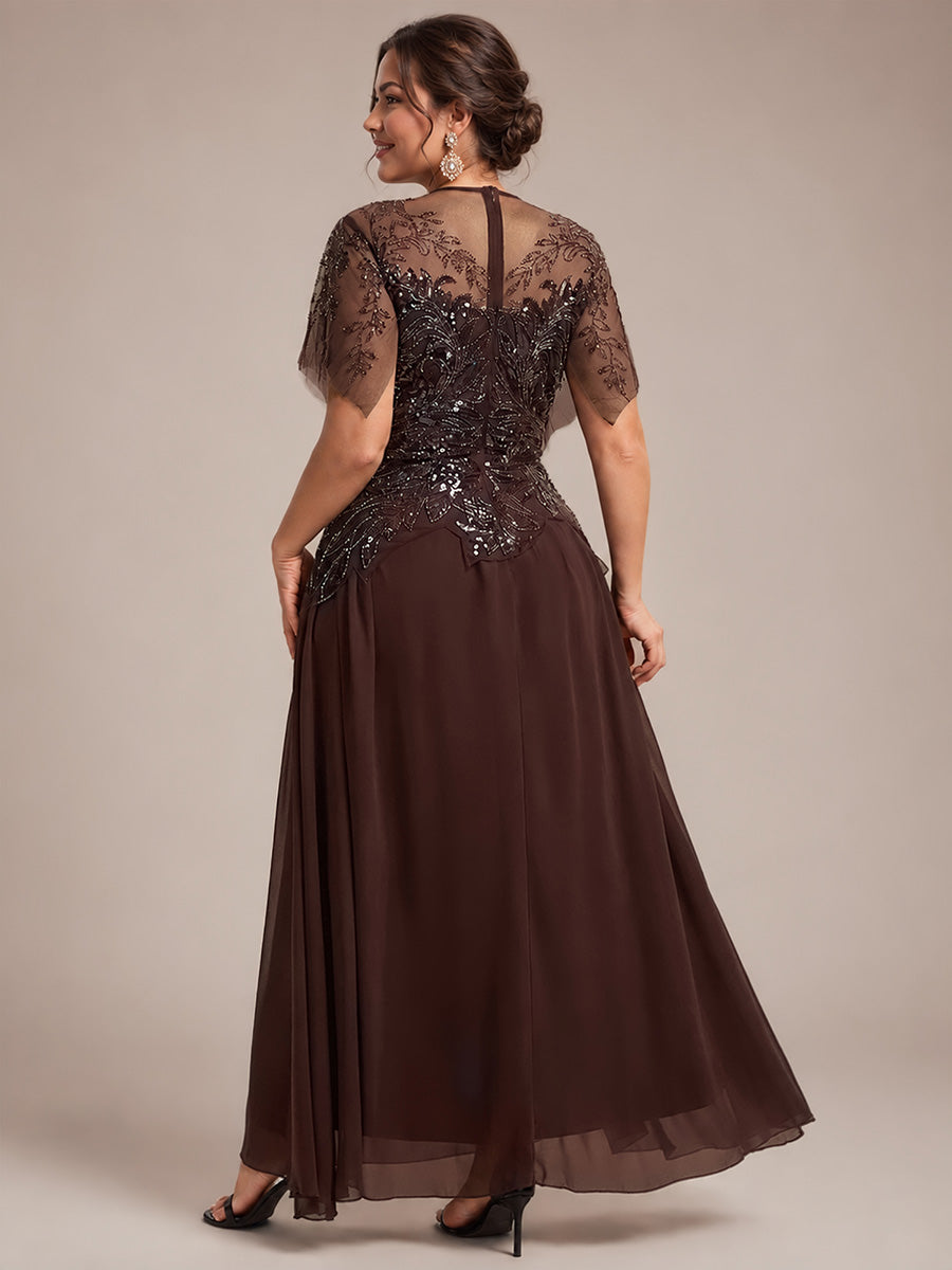 Maxikleid Mit Rundhalsausschnitt A-Linien Schnitt Tüllstoff Patchwork Und Pailletten Details Transparente Gestaltung #Farbe_Braun
